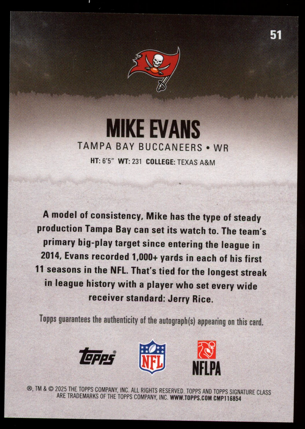 MIKE EVANS 2025 Topps Signature Class Auto /275 #51 Buccaneers