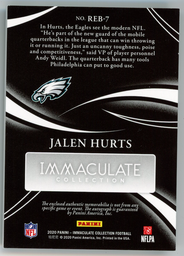 JALEN HURTS 2020 Panini Immaculate Rookie Eye Black Patch Auto Gold /25 Eagles