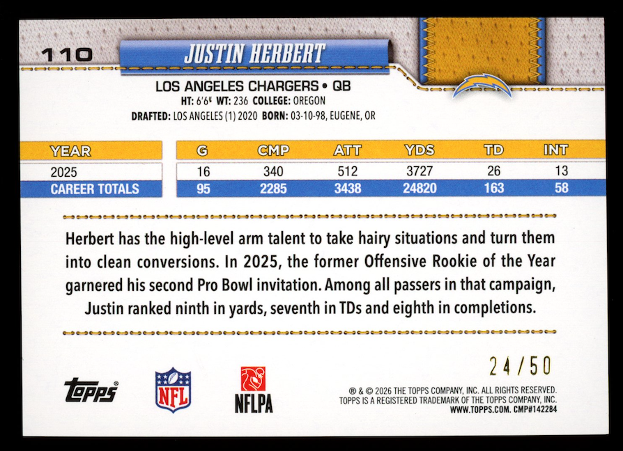 JUSTIN HERBERT 2026 Topps Flagship Gold Rainbow Foil /50 #110 Chargers