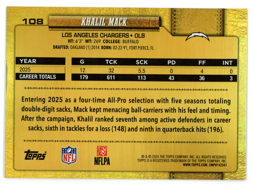 KHALIL MACK 2026 Topps Flagship Golden Mirror Image Variation SSP #108 Chargers