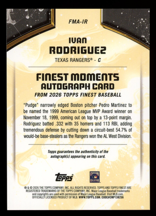 IVAN RODRIGUEZ 2026 Topps Finest Moments Auto Orange Refractor /25 #FMA-IR