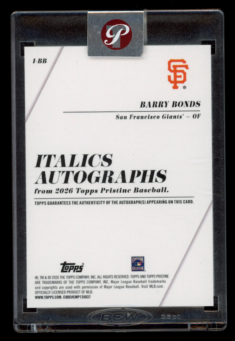 BARRY BONDS 2026 Topps Pristine Italics Auto Blue Refractor /75 #I-BB Giants