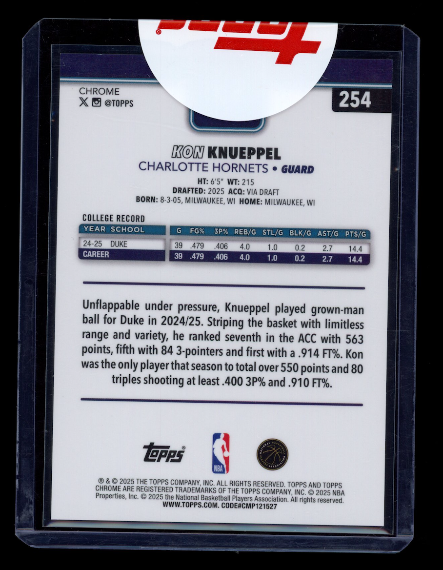 KON KNUEPPEL 2025-26 Topps Chrome Rookie Blue X-Fractor #254 Sealed Hornets