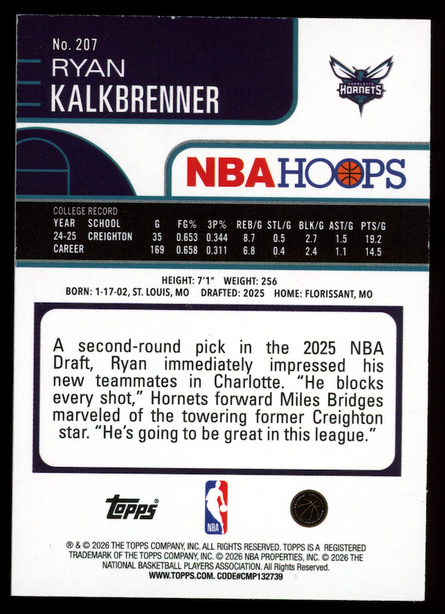 RYAN KALKBRENNER 2025-26 Topps NBA Hoops Rookie Pixel Burst Red /5 #207 Hornets