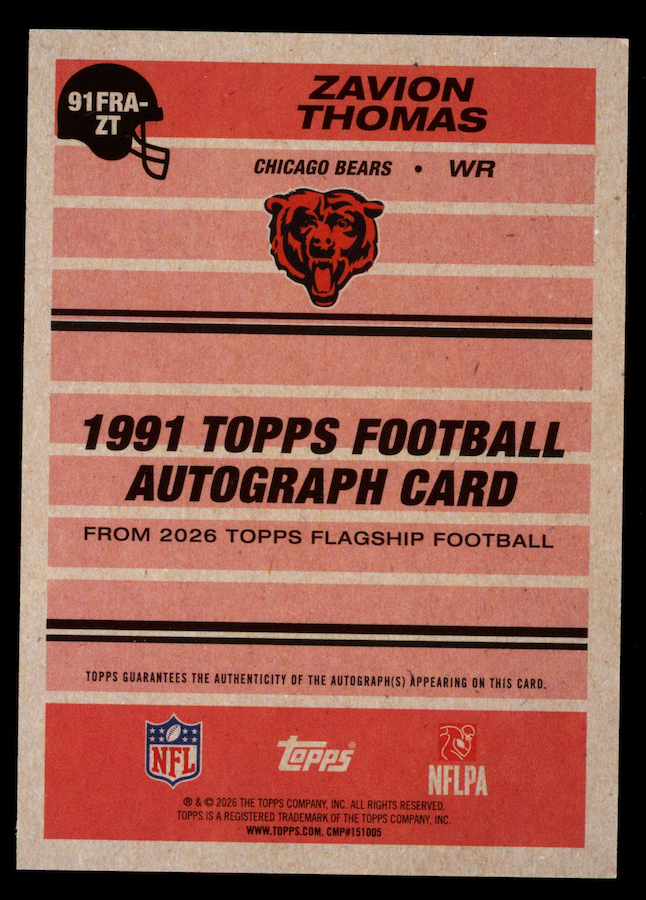 ZAVION THOMAS 2026 Topps Flagship 1991 Rookie Auto Gold /50 #91FRA-ZT Bears