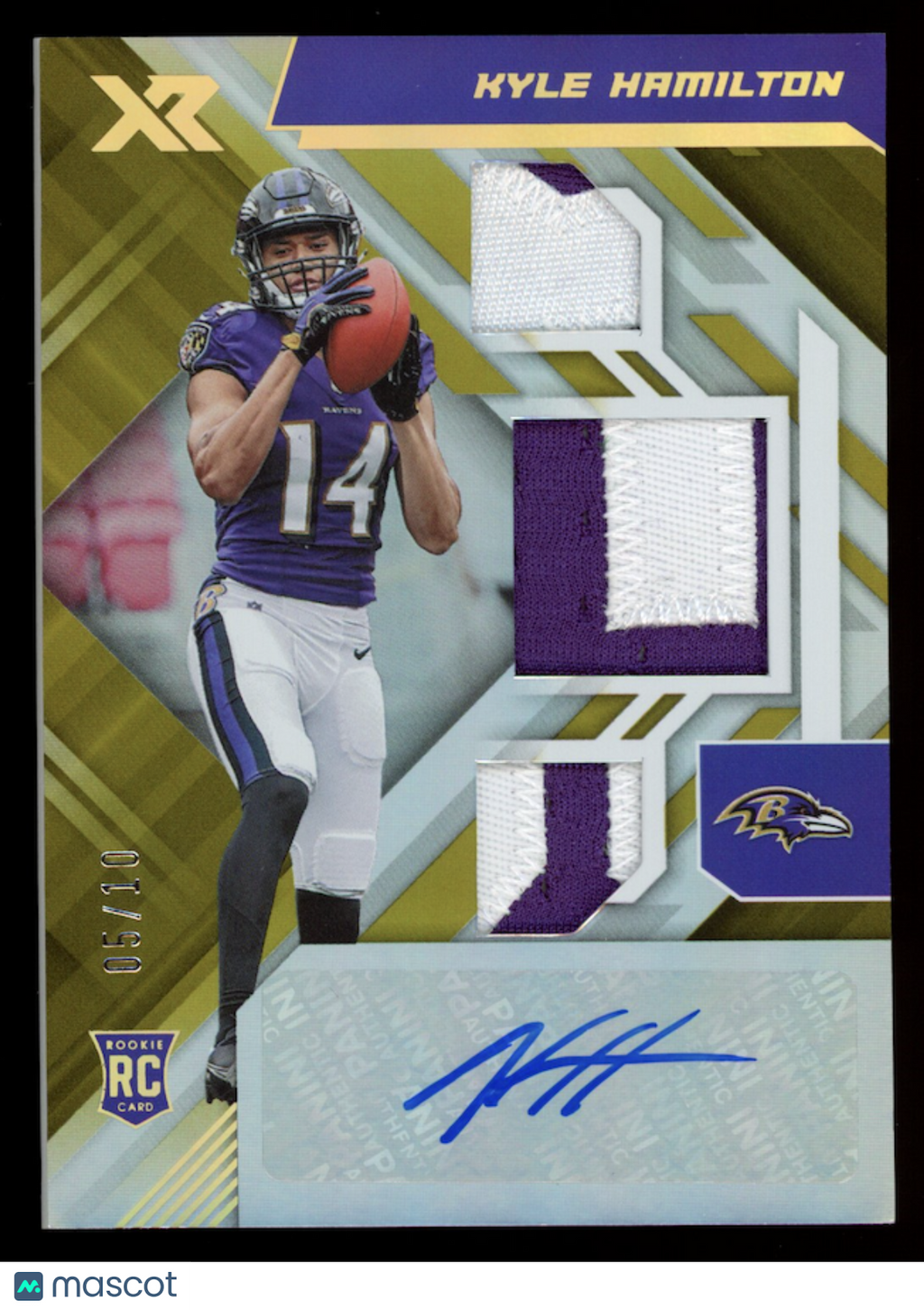 KYLE HAMILTON 2022 Panini XR Rookie Triple Patch Auto Gold /10 #238 Ravens