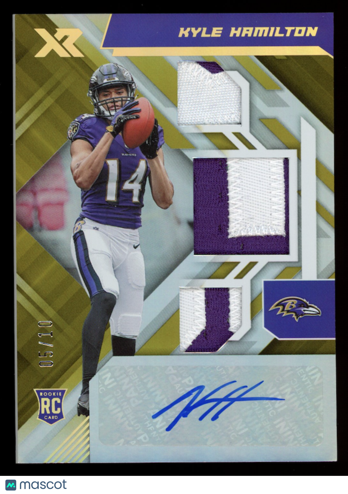 KYLE HAMILTON 2022 Panini XR Rookie Triple Patch Auto Gold /10 #238 Ravens