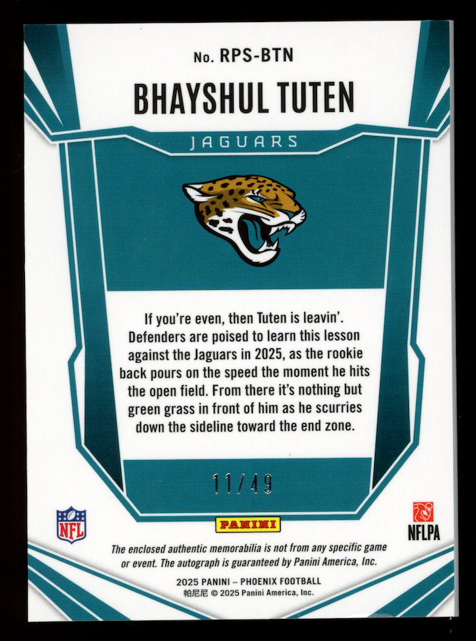 BHAYSHUL TUTEN 2025 Panini Phoenix Rookie Patch Auto Blue /49 #RPS-BTN Jaguars