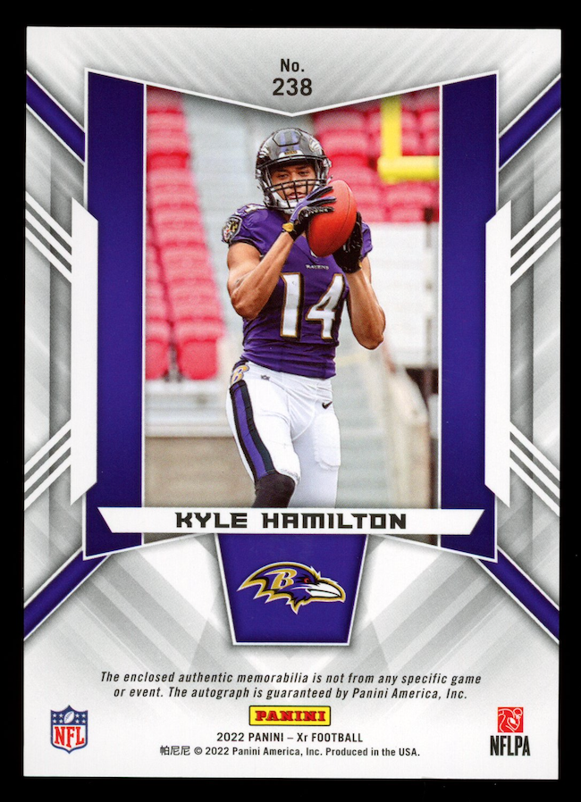 KYLE HAMILTON 2022 Panini XR Rookie Triple Patch Auto Gold /10 #238 Ravens