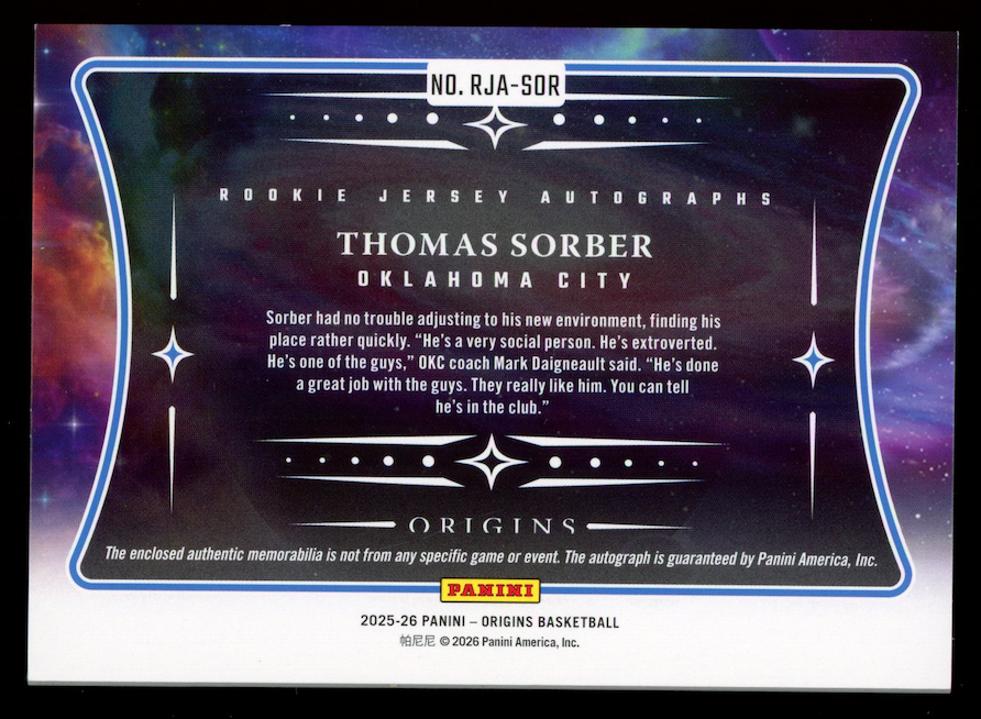 THOMAS SORBER 2025-26 Panini Origins Rookie Jumbo Patch Auto Gold /10 #RJA-SOR