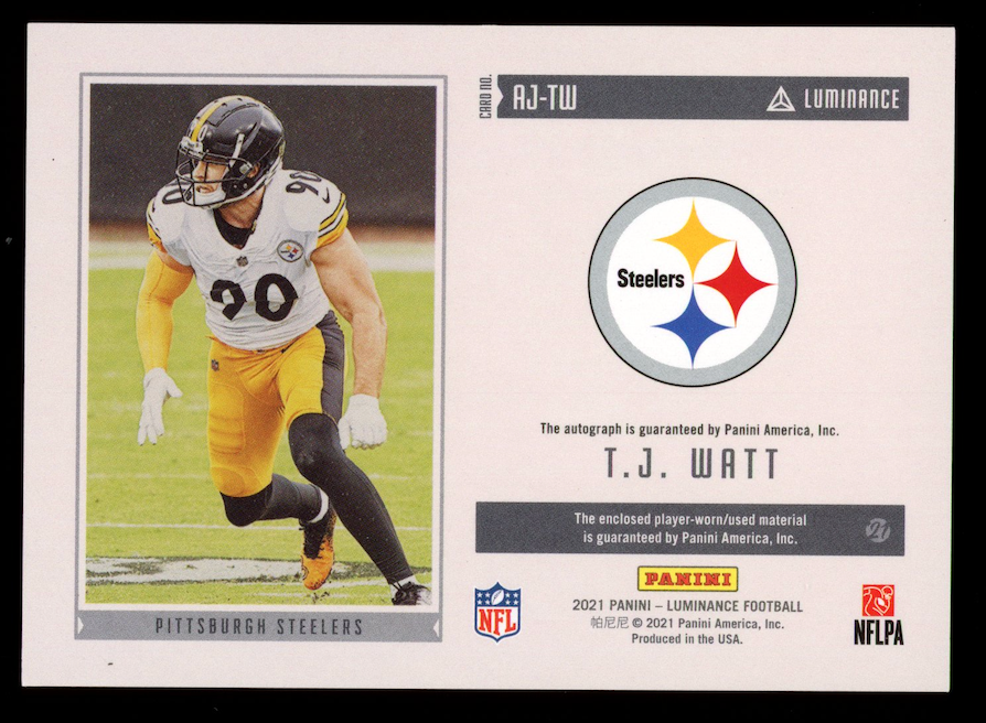 T.J. WATT 2021 Panini Luminance Jersey Patch Auto /49 #AJ-TW Steelers