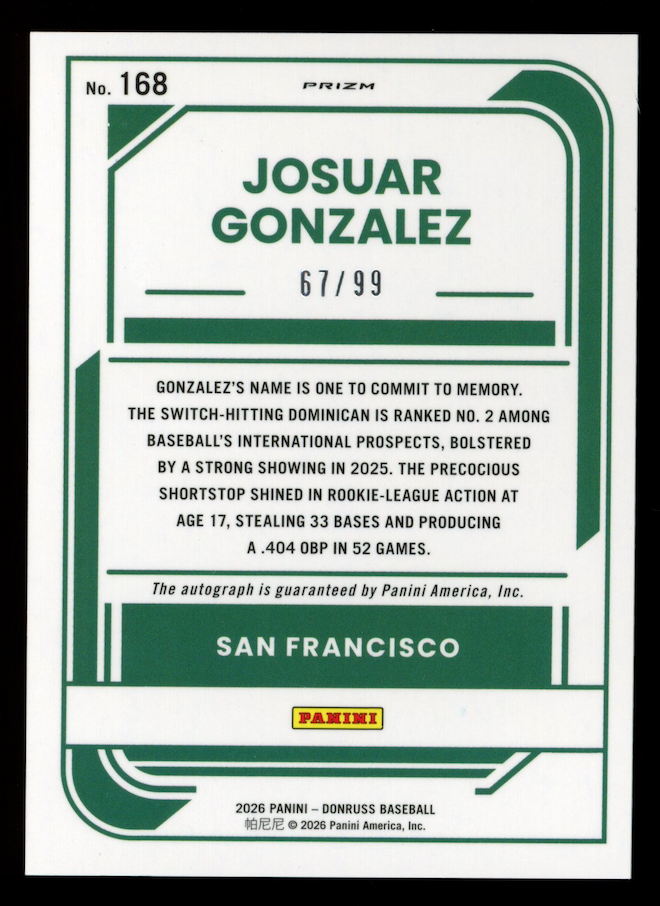 JOSUAR GONZALEZ 2026 Donruss Optic Rated Prospect Auto Purple Prizm /99 #168