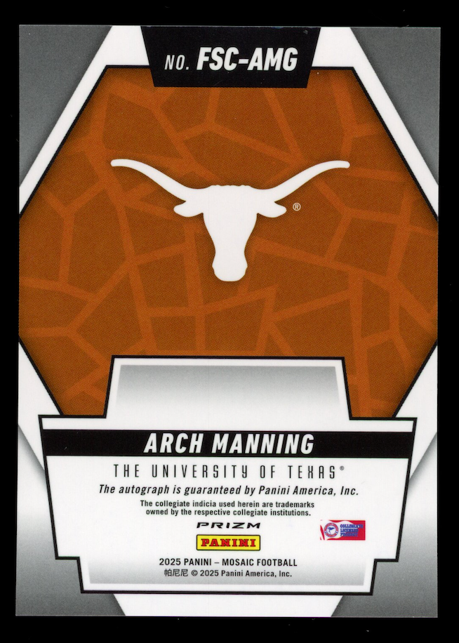 ARCH MANNING 2025 Panini Mosaic NIL Future Scripts Auto Prizm #FSC-AMG Texas