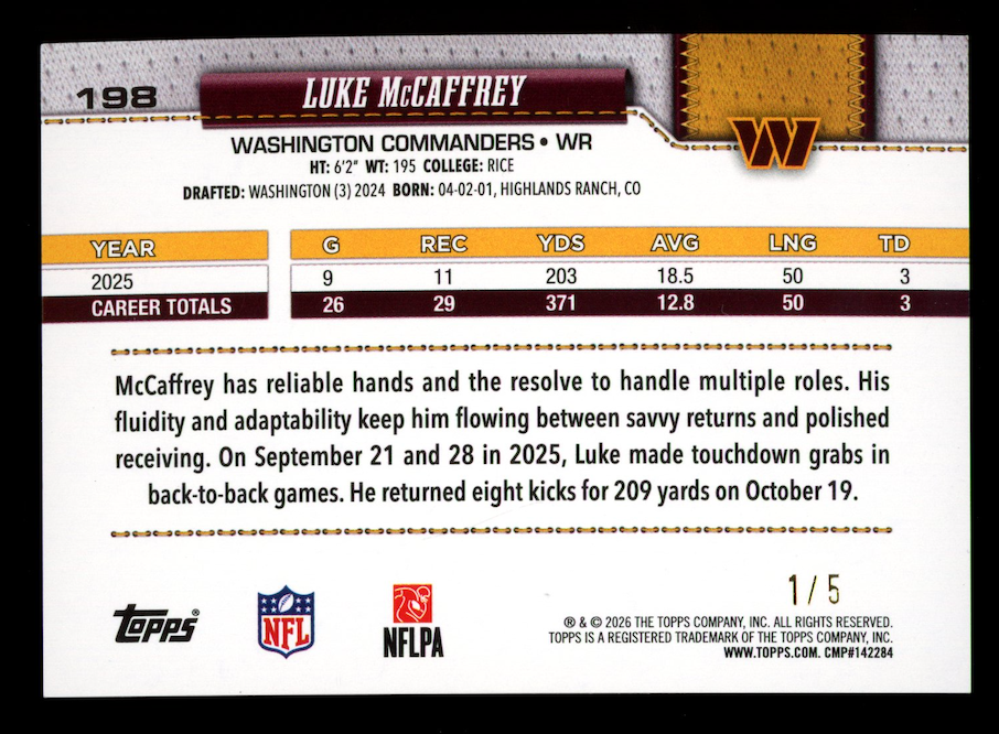 LUKE MCCAFFREY 2026 Topps Flagship Red Rainbow Foil /5 #198 Commanders