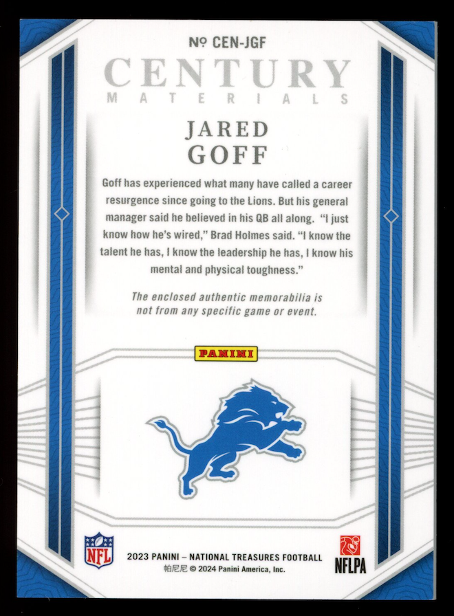 JARED GOFF 2023 Panini National Treasures Century Materials Patch /49 #CEN-JGF