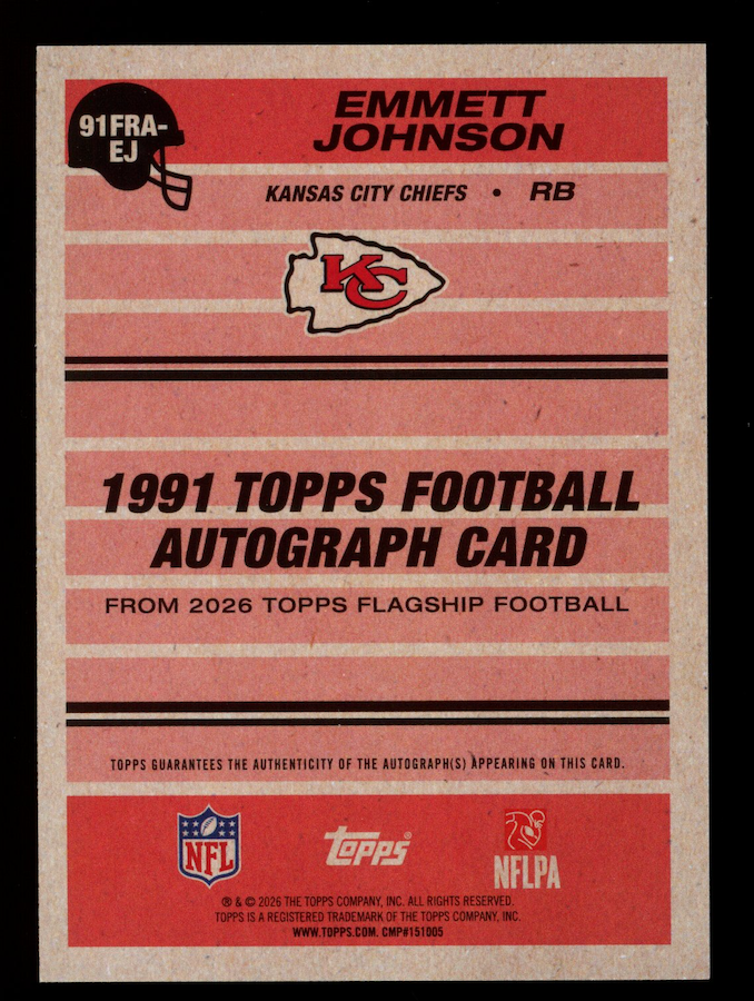 EMMETT JOHNSON 2026 Topps Flagship Football 1991 Rookie Auto #91FRA-EJ Chiefs