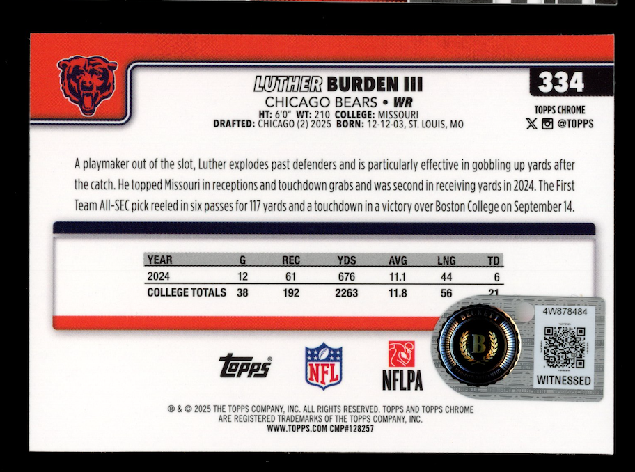 LUTHER BURDEN III 2025 Topps Chrome Rookie Pink XFractor Signed Auto Beckett