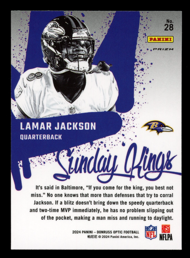 LAMAR JACKSON 2024 Panini Donruss Optic Sunday Kings Case Hit SSP #28 Ravens
