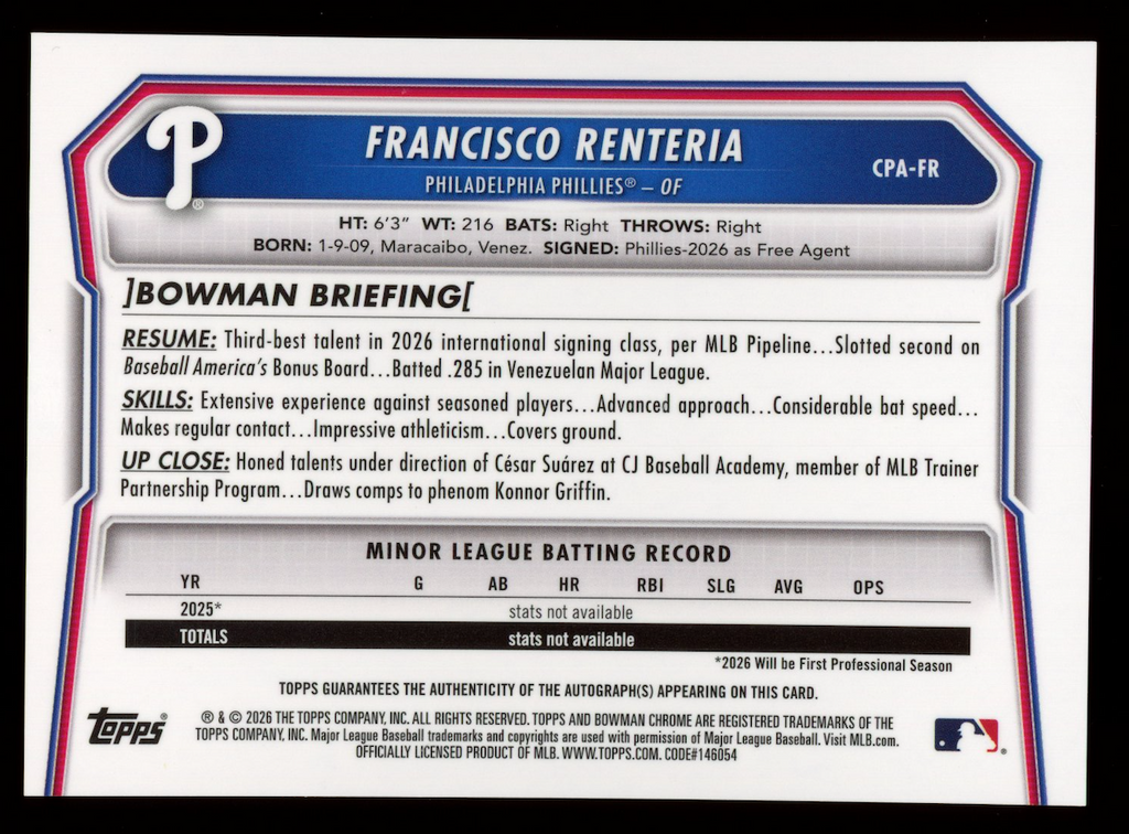 FRANCISCO RENTERIA 2026 Bowman Chrome 1st Prospect Auto Green /99 #CPA-FR