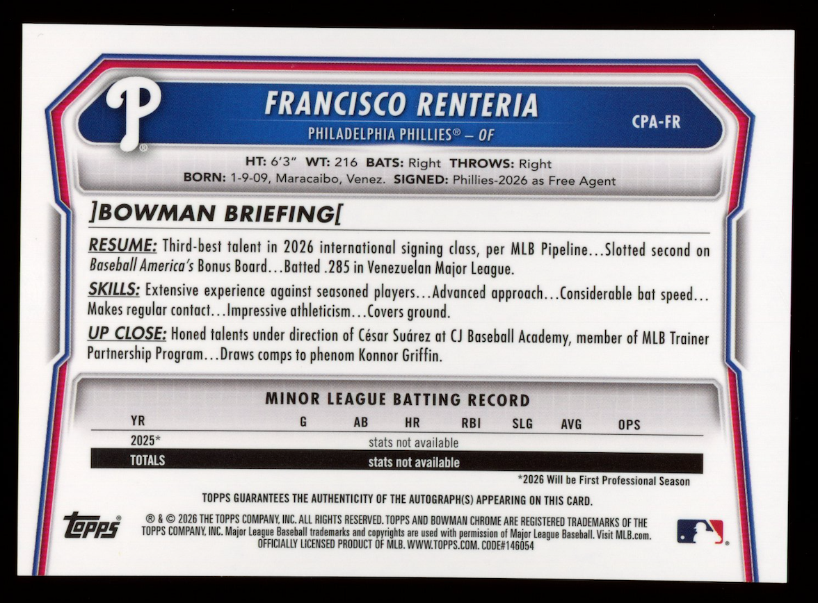 FRANCISCO RENTERIA 2026 Bowman Chrome 1st Prospect Auto Green /99 #CPA-FR