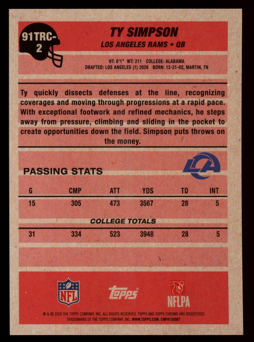 TY SIMPSON 2026 Topps Chrome Rookie 1991 Orange Mojo Refractor /25 #91TRC-2