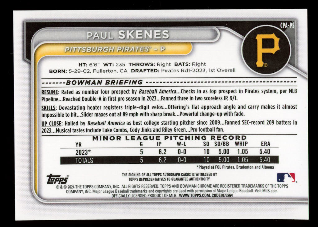 PAUL SKENES 2024 Bowman Chrome Prospect Auto #CPA-PS Pirates