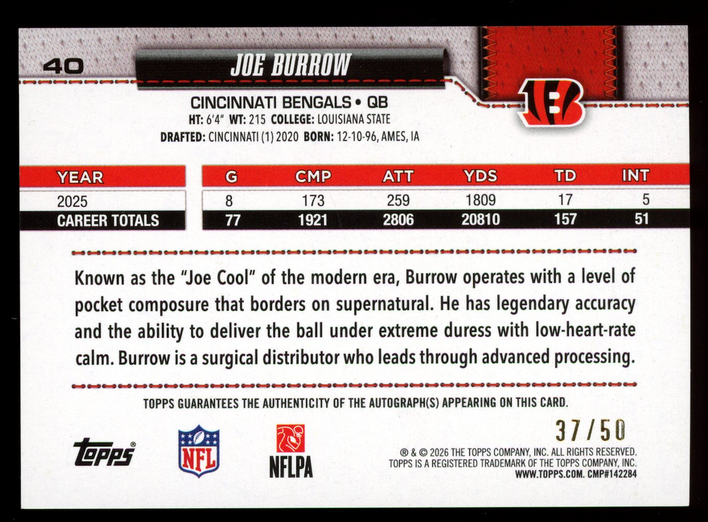 JOE BURROW 2026 Topps Flagship Gold Rainbow Foil Auto /50 #40 Bengals