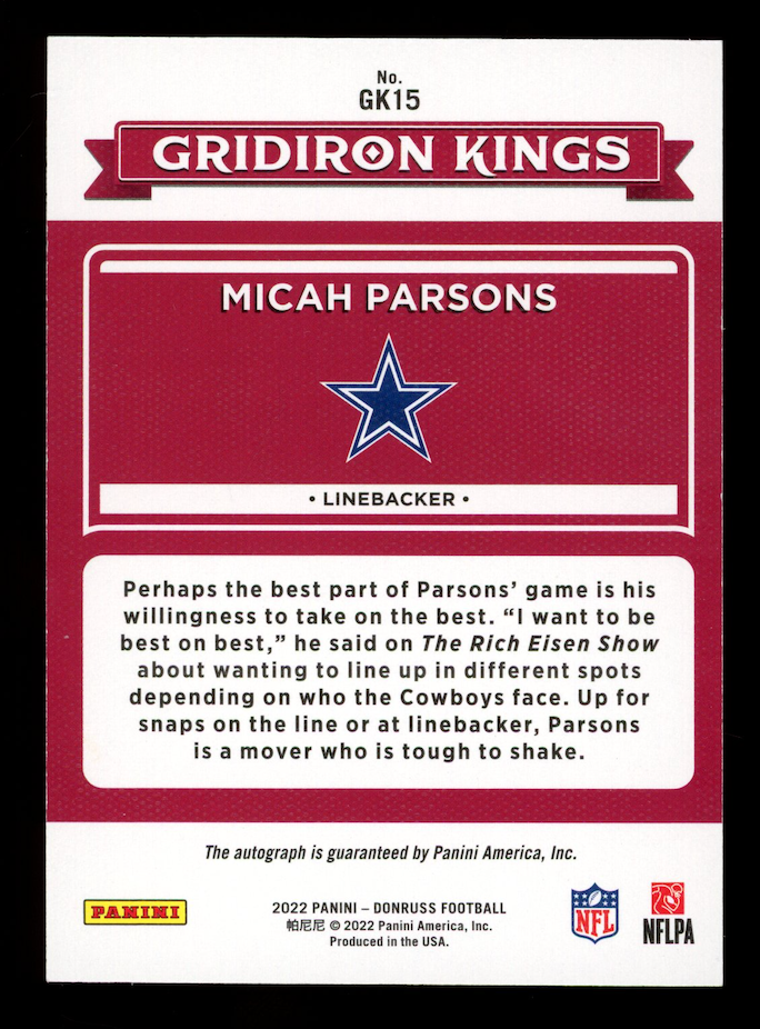 MICAH PARSONS 2022 Panini Donruss Gridiron Kings Auto /49 #GK15 Cowboys