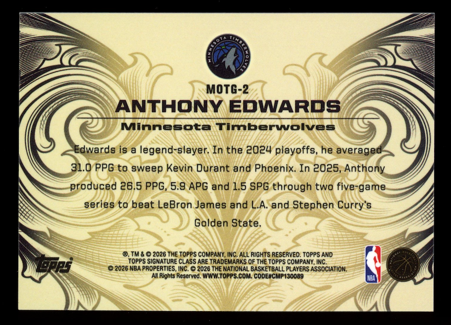 ANTHONY EDWARDS 2025-26 Topps Signature Class Monarchs Of The Game SSP #MOTG-2