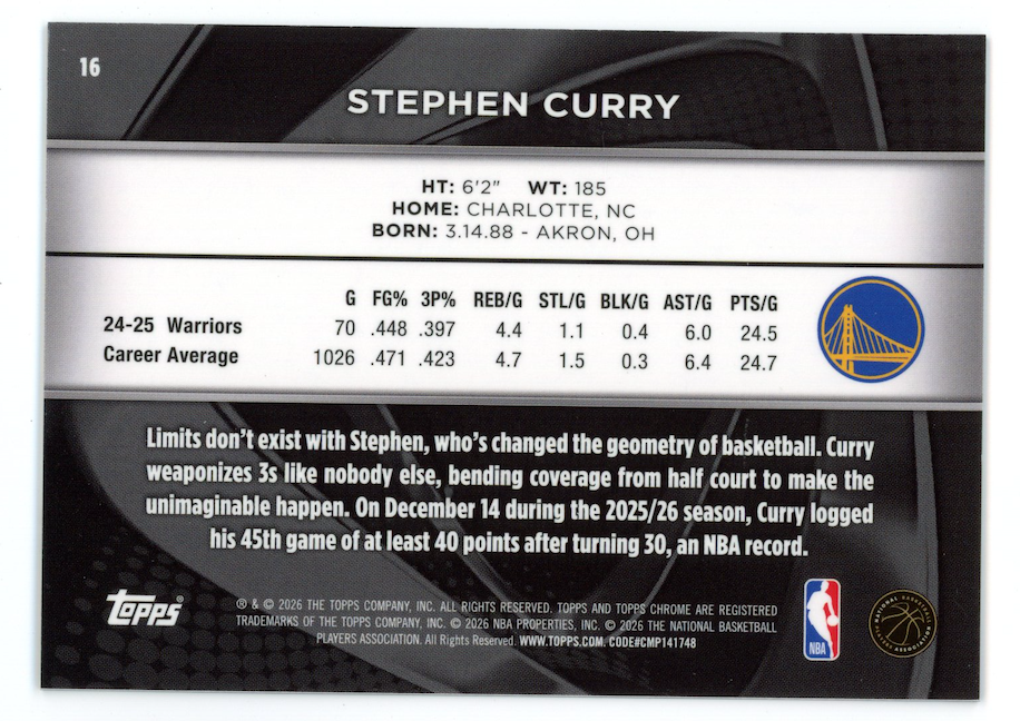 STEPHEN CURRY 2025-26 Topps Chrome Black Rose Gold Wave Refractor /15 #16