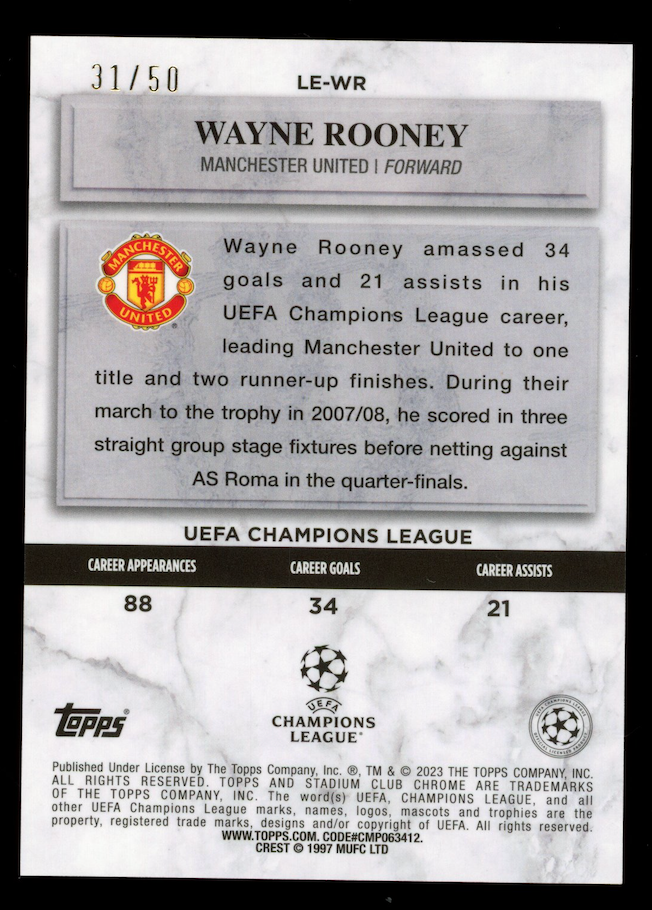 WAYNE ROONEY 2022-23 Topps Stadium Club Chrome Legends of Europe Gold /50 #LE-WR
