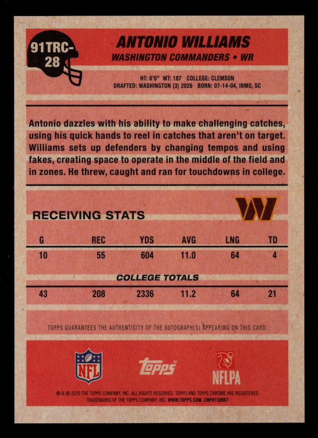 ANTONIO WILLIAMS 2026 Topps Flagship Chrome Rookie Auto Mojo Refractor #91TRC-28