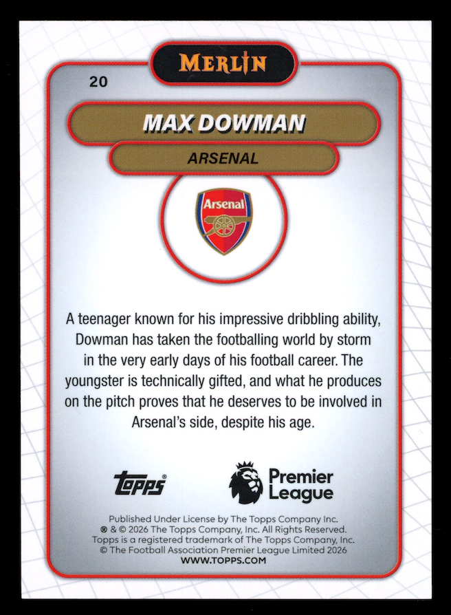 MAX DOWMAN 2025-26 Topps Merlin Premier League Rookie Aqua Refractor /199 #20