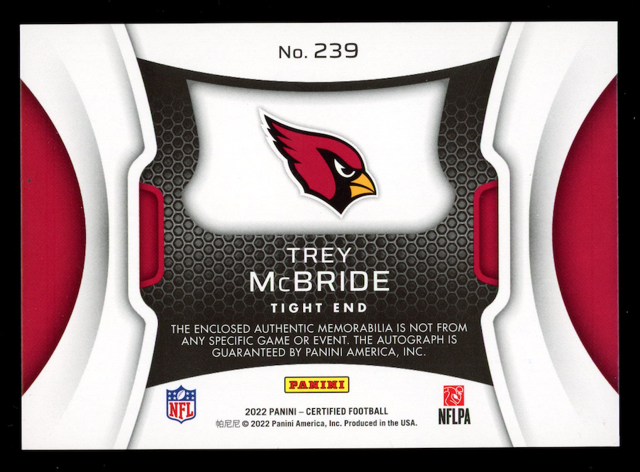 TREY MCBRIDE 2022 Panini Certified Freshman Fabric Rookie Patch Auto /399 #239