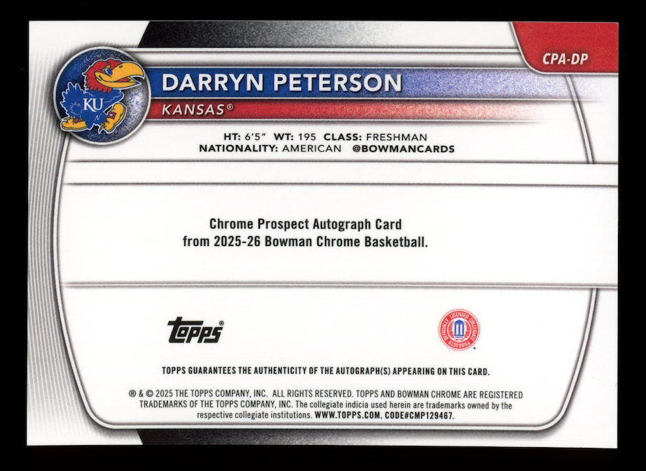 DARRYN PETERSON 2025-26 Bowman Chrome 1st Prospect Auto #CPA-DP Kansas