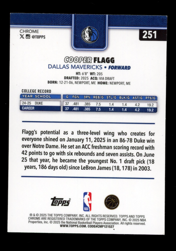 COOPER FLAGG 2025-26 Topps Chrome Rookie X-Fractor #251 Mavericks