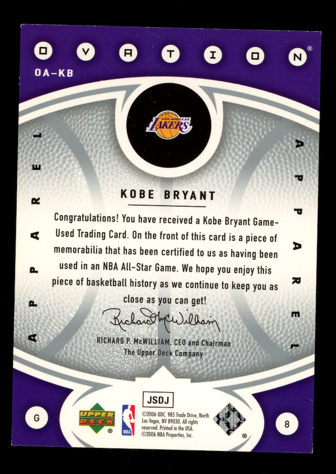 KOBE BRYANT 2006-07 Upper Deck Ovation Apparel Game Used Jersey #OA-KB