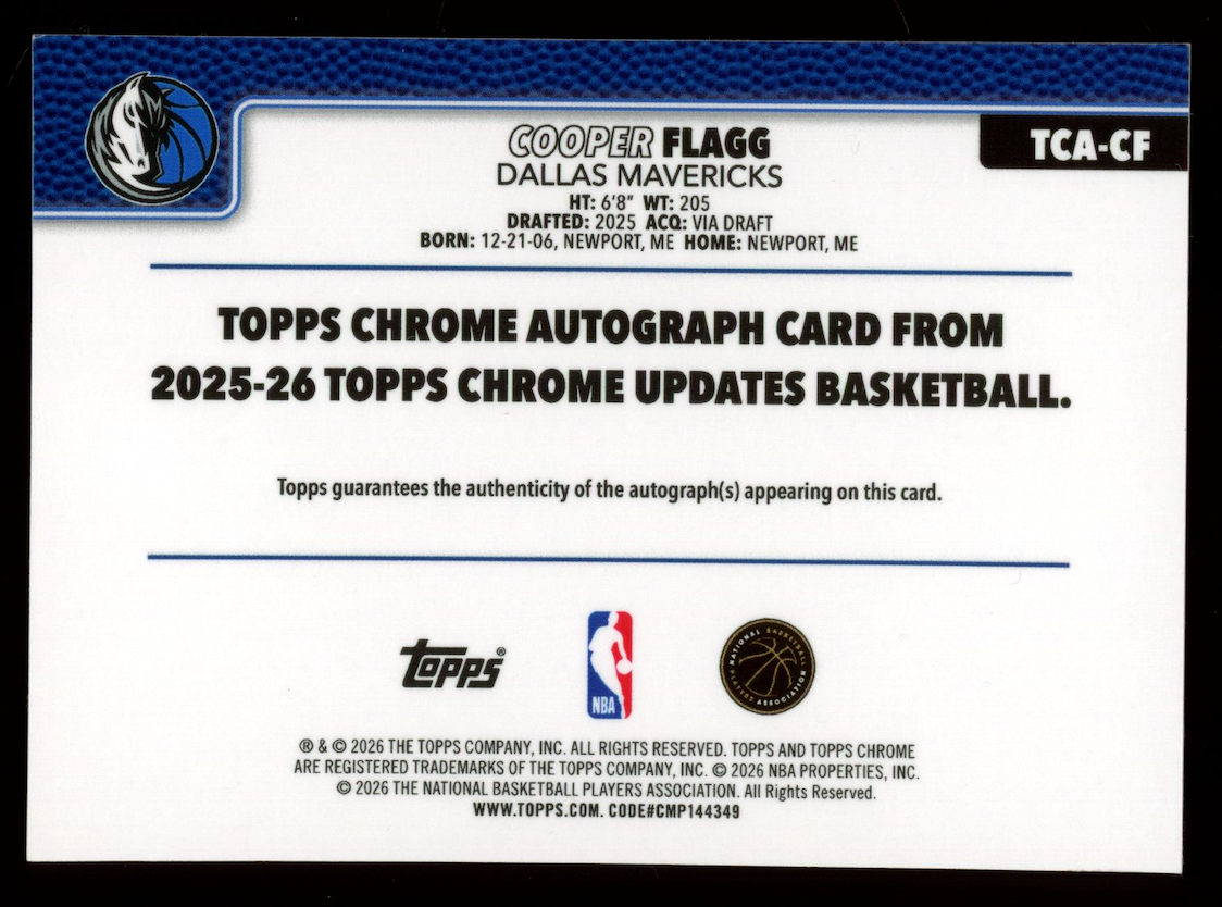 COOPER FLAGG 2025-26 Topps Chrome Update Rookie Auto #TCF-CF Mavericks