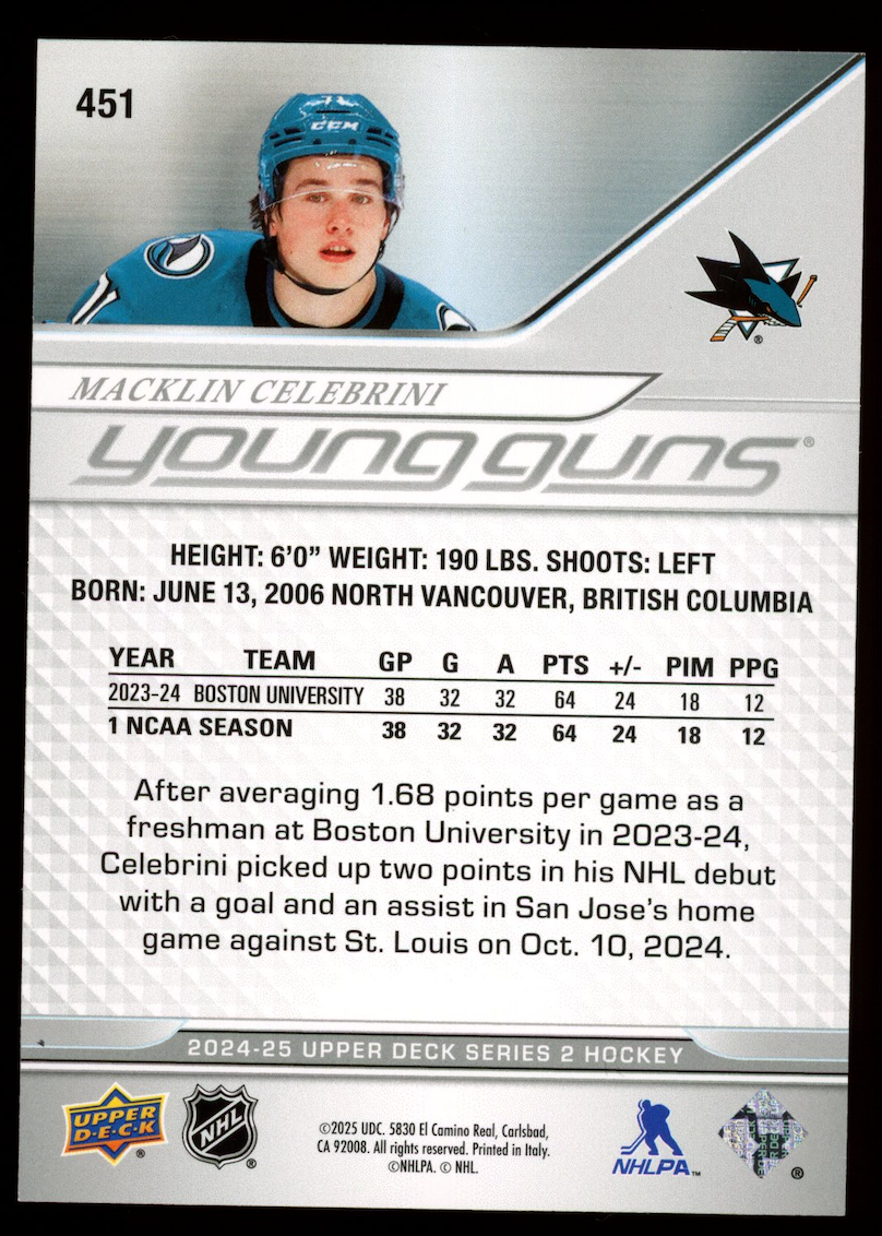 MACKLIN CELEBRINI 2024-25 Upper Deck Hockey Series 2 Young Guns #451 Sharks