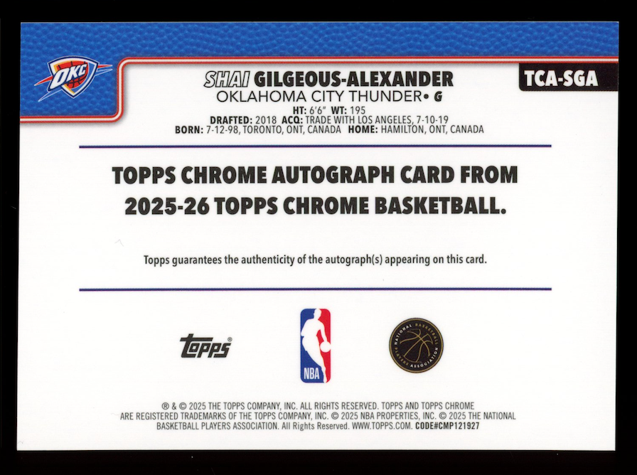 SHAI GILGEOUS-ALEXANDER 2025-26 Topps Chrome Auto Purple Refractor /75  #TCA-SGA