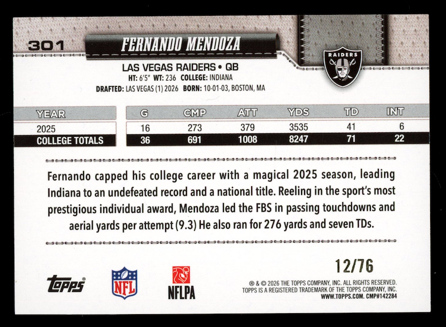 FERNANDO MENDOZA 2026 Topps Flagship Rookie Independence Day /76 #301 Raiders