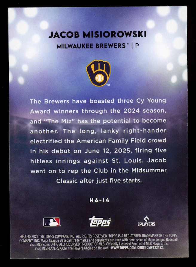 JACOB MISIOROWSKI 2026 Topps Home Field Advantage Case Hit SSP #HA-14 Brewers