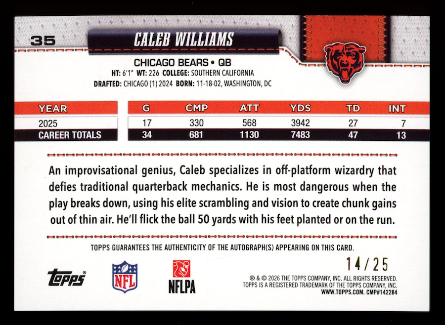 CALEB WILLIAMS 2026 Topps Flagship Auto Orange Rainbow Foil /25 #35 Bears