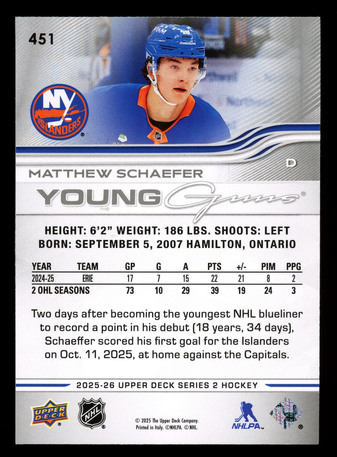 MATTHEW SCHAEFER 2025-26 Upper Deck Series 2 Young Guns #451 Rangers