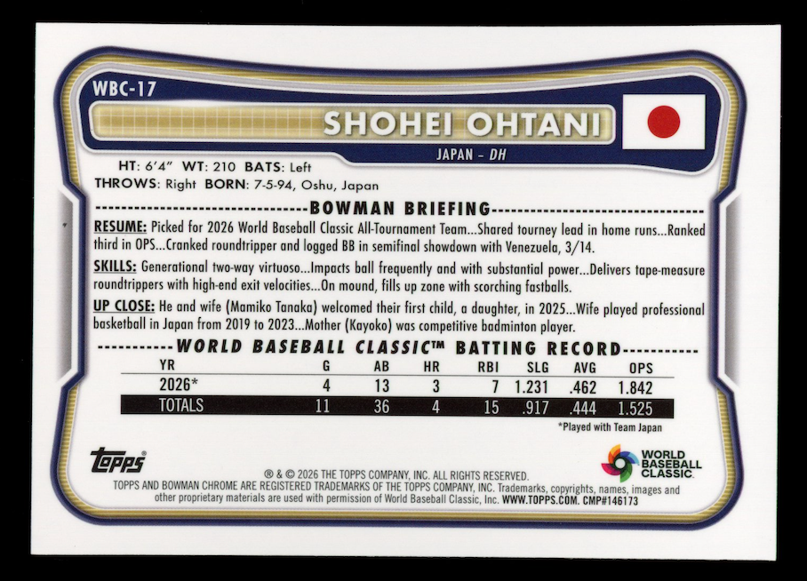 SHOHEI OHTANI 2026 Bowman Chrome World Baseball Classic Refractor /499 #WBC-17