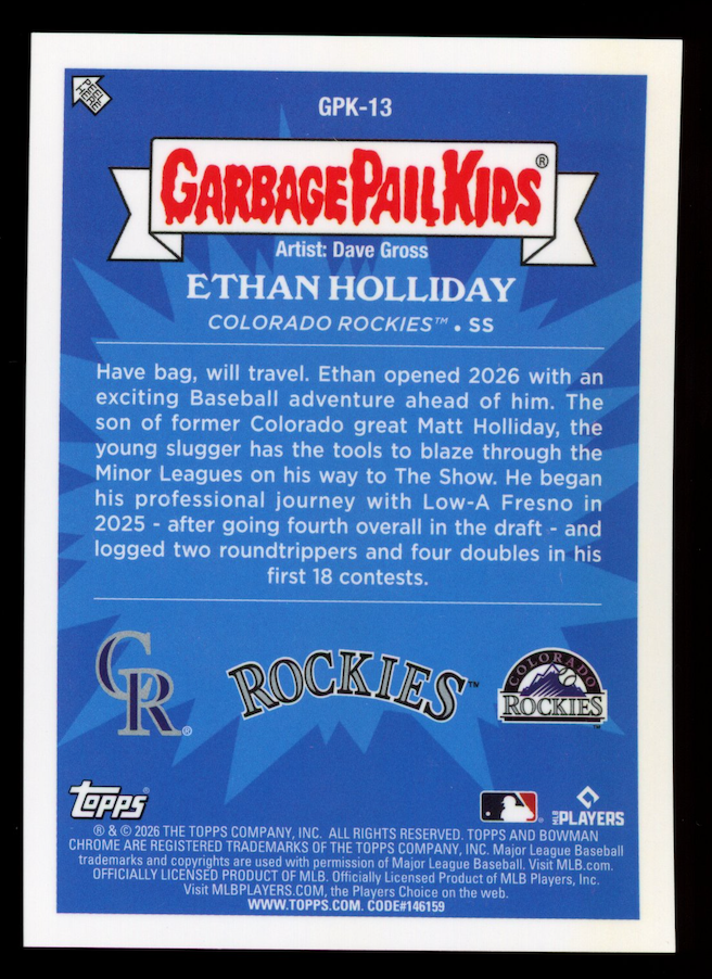 ETHAN HOLLIDAY ON HOLIDAY 2026 Bowman Chrome Garbage Pail Kids SSP #GPK-13
