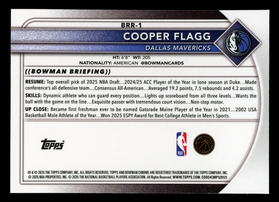 COOPER FLAGG 2025-26 Bowman Chrome Red Rookie Logo Variation #BRR-1 Mavericks