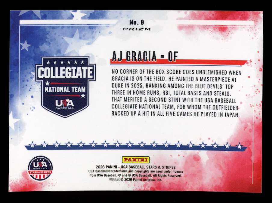 AJ GRACIA 2026 Panini USA Stars & Stripes Color Blast Case Hit SSP #9