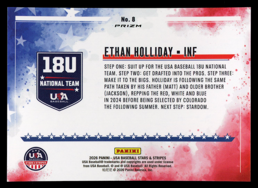 ETHAN HOLLIDAY 2026 Panini USA Stars & Stripes Color Blast Case Hit SSP #8