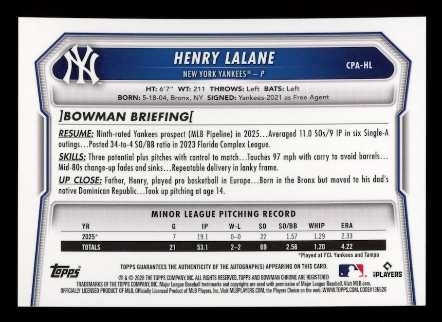 HENRY LALANE 2026 Bowman Chrome 1st Prospect Auto Green Shimmer Refractor /99
